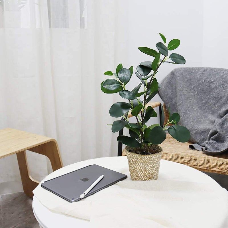 SAROSORA Artificial Ficus Tree Small Fake Plants in Weaved Pot 20" Height for Living Room Desktop Decor Indoor Home Office Ins Style (Green, 1) - Image 3